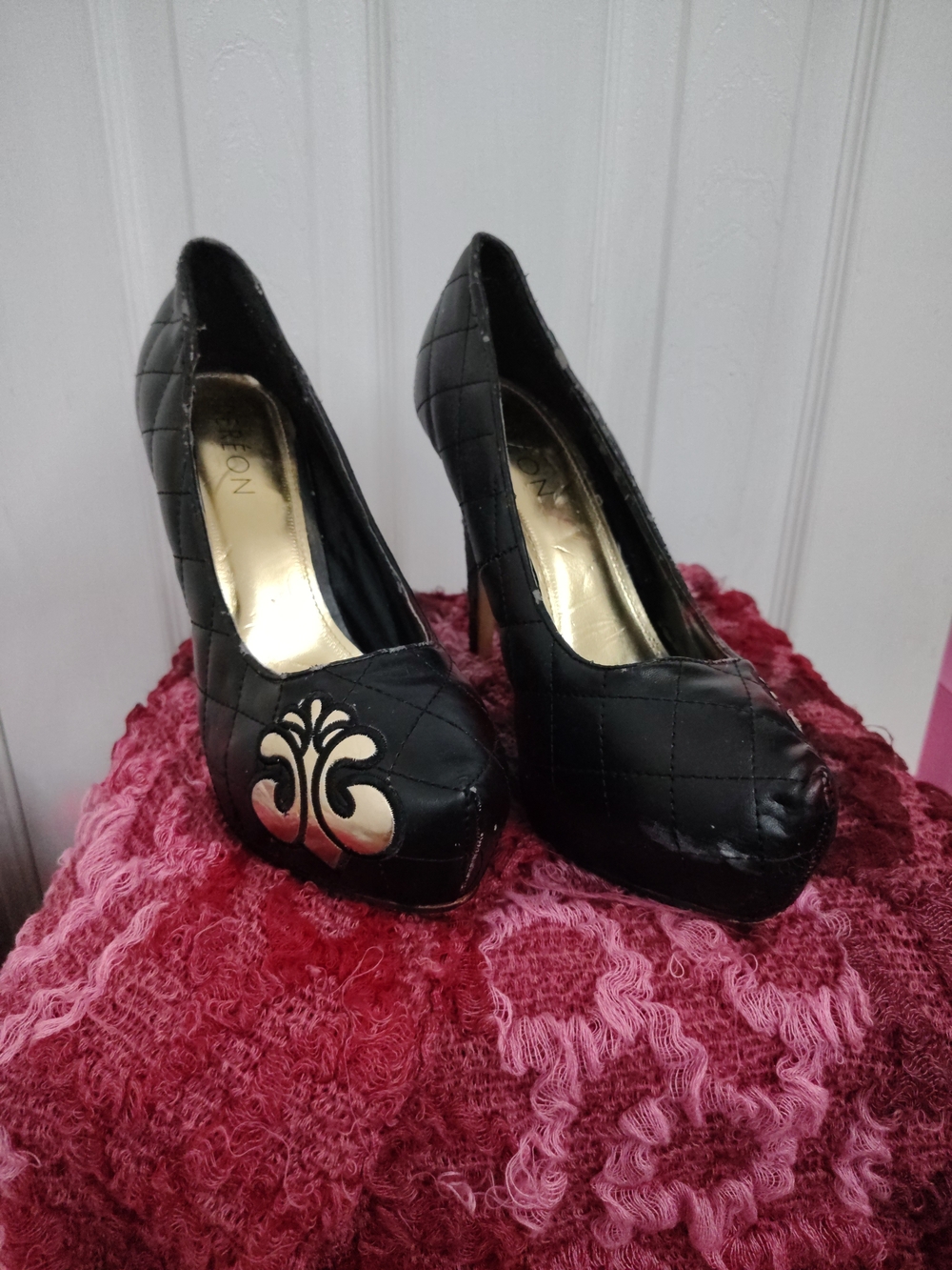 Black Quilted High Heel Pumps with Gold Accent - Women Shoes